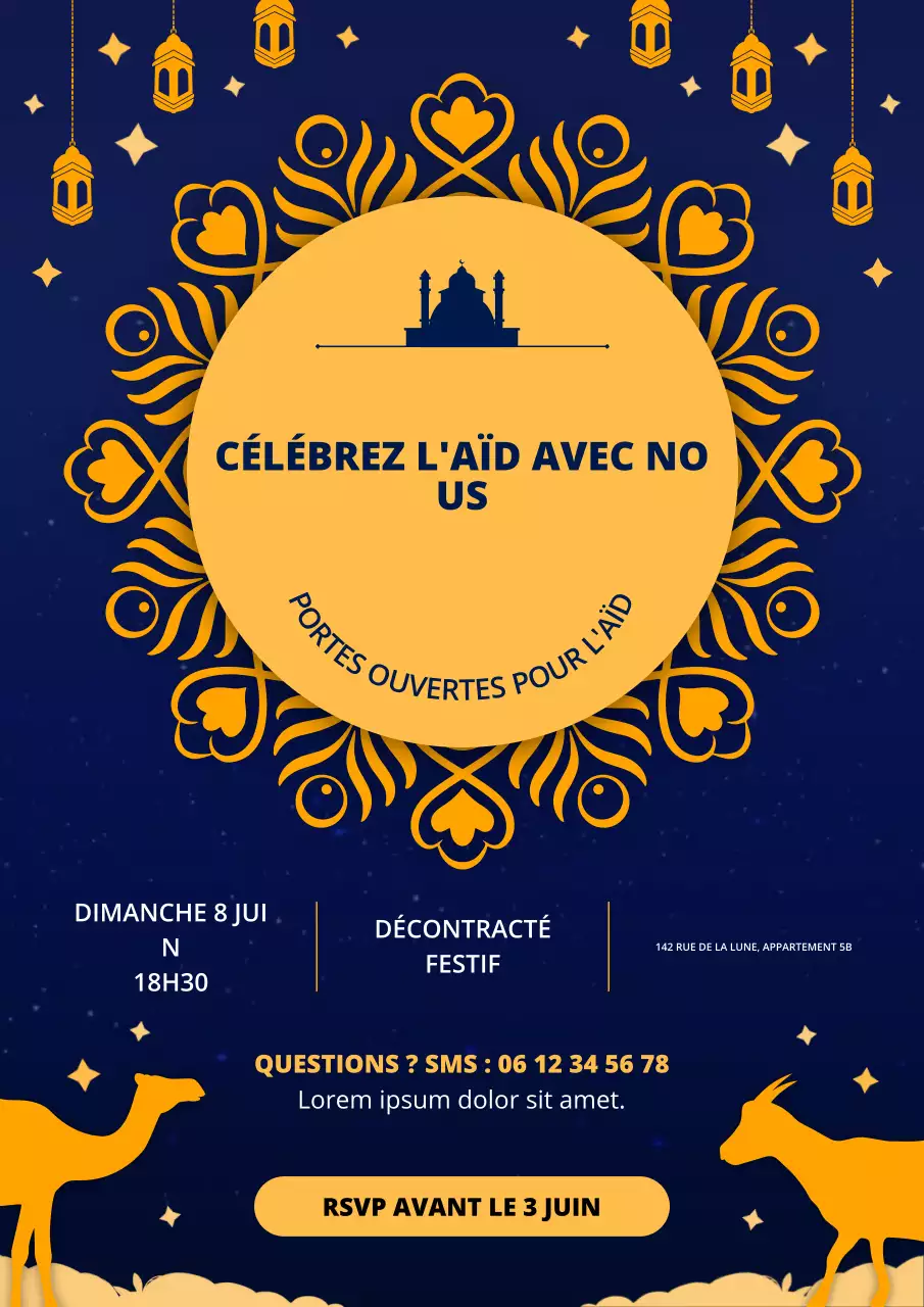 Affiche d'invitation traditionnelle à la célébration de l'Aïd al-Adha, couleur or et bleu marine