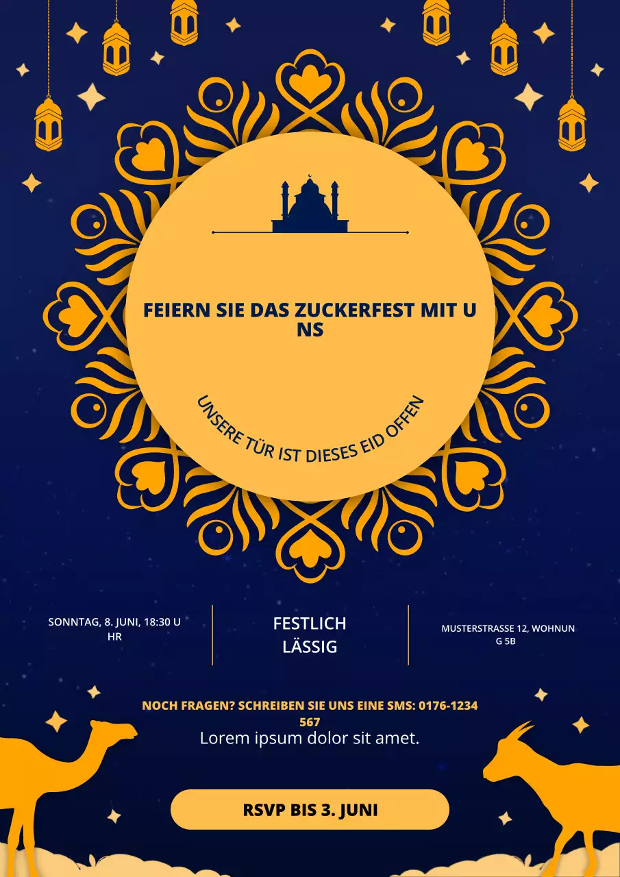 Gold- und Marineblaues flaches traditionelles Eid al-Adha-Feier-Einladungsplakat