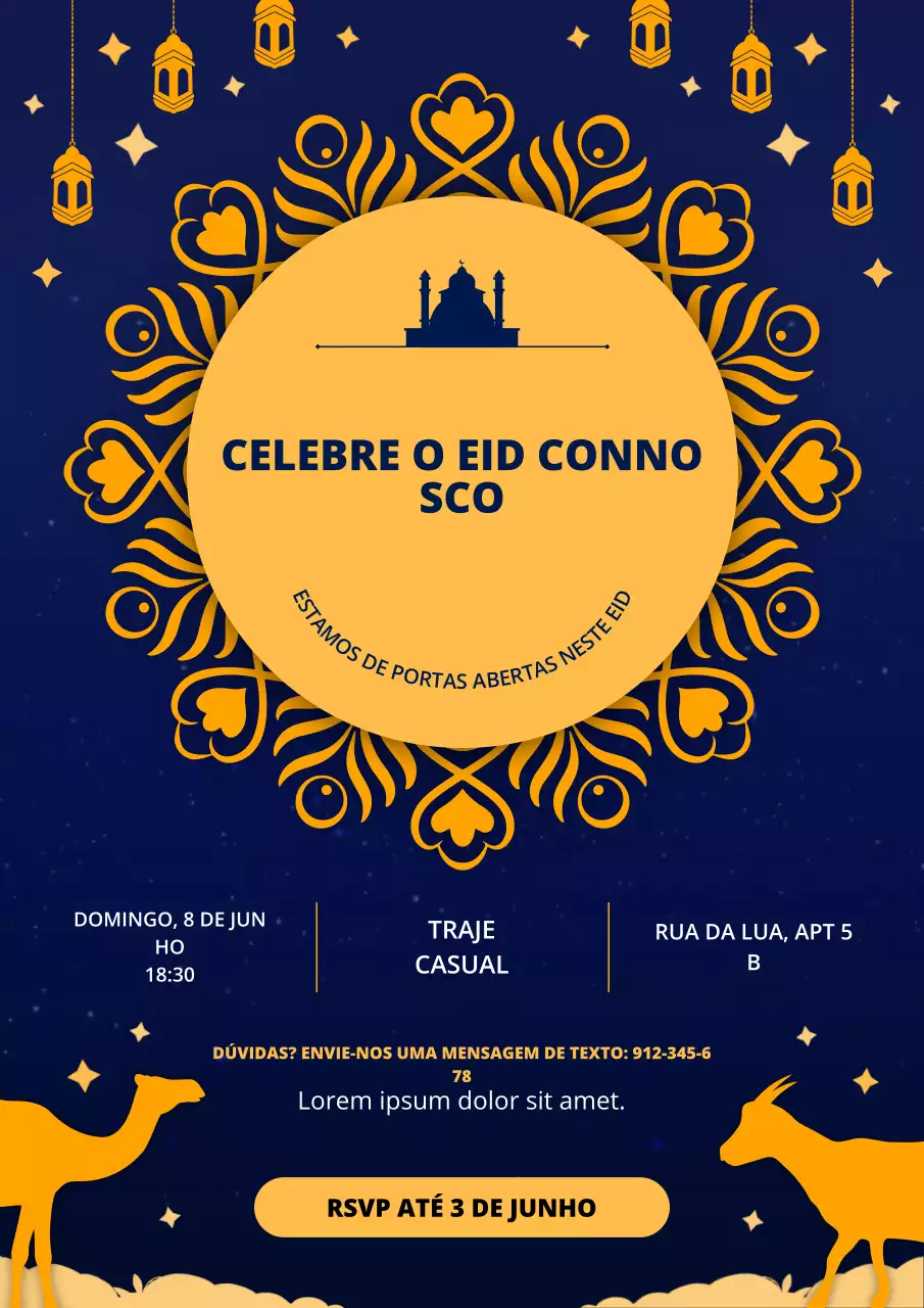 Cartaz de convite para celebração tradicional do Eid al-Adha, dourado e azul marinho