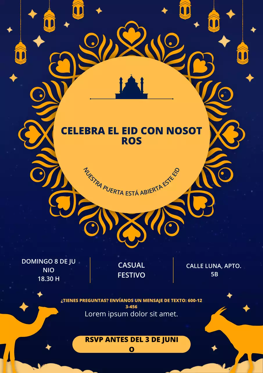 Póster de invitación para la celebración tradicional del Eid al-Adha, plano, dorado y azul marino.