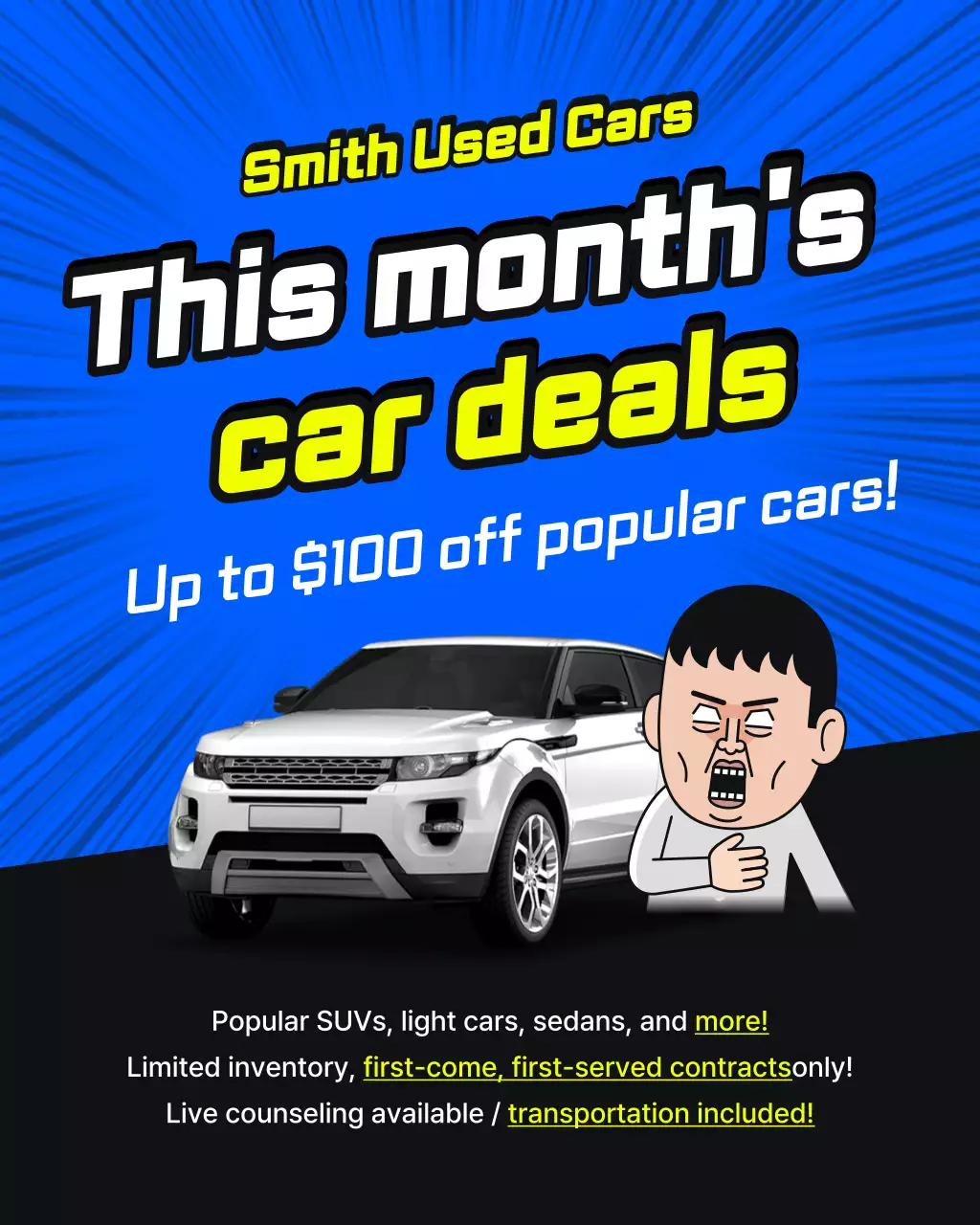 Blue and yellow pop art used car special price vehicle event advertisement