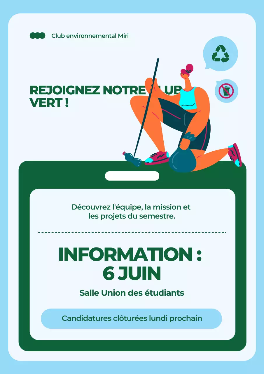 Affiche de recrutement du club bleu et vert