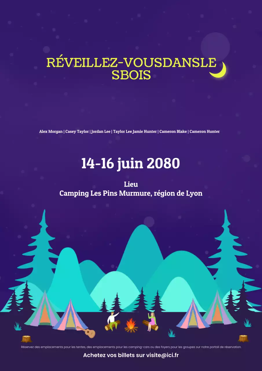 Affiche illustrative bleue et audacieuse du festival de camping