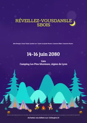 Affiche illustrative bleue et audacieuse du festival de camping