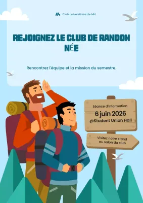 Affiche de recrutement du club de randonnée illustrée en bleu et en gras