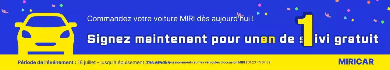 Annonce d'événement gratuite pour un entretien simple et gratuit d'un an pour les voitures d'occasion bleues et jaunes