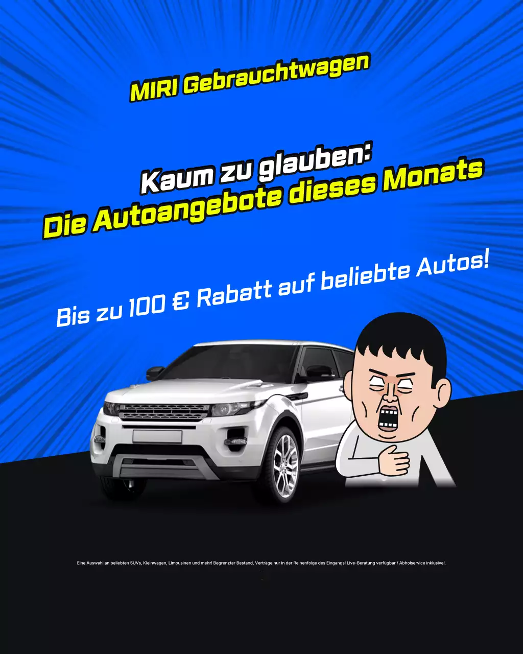 Blaue und gelbe Pop-Art-Werbung für Gebrauchtwagen zum Sonderpreis