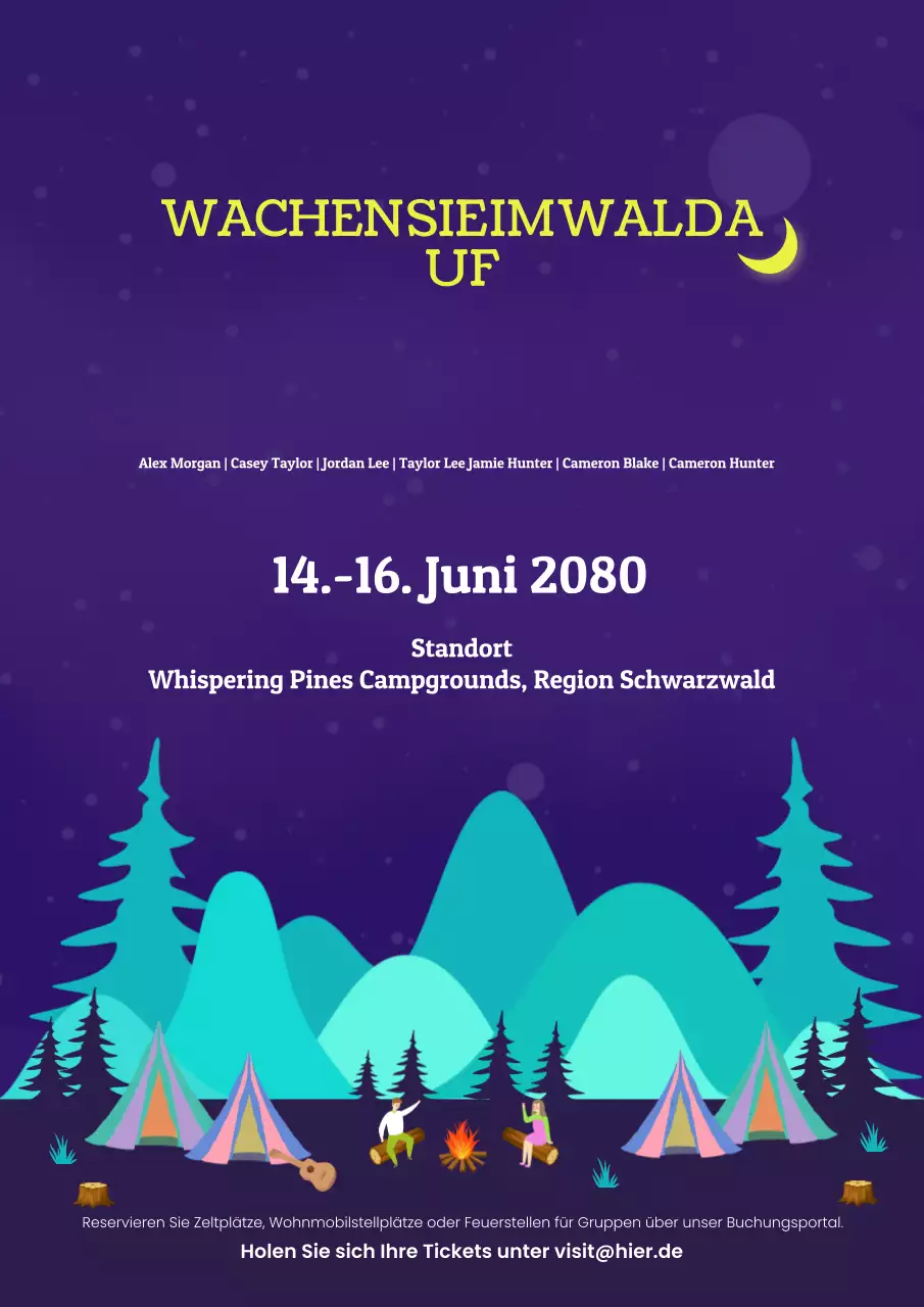 Blaues, kräftiges, illustratives Camping-Festival-Poster