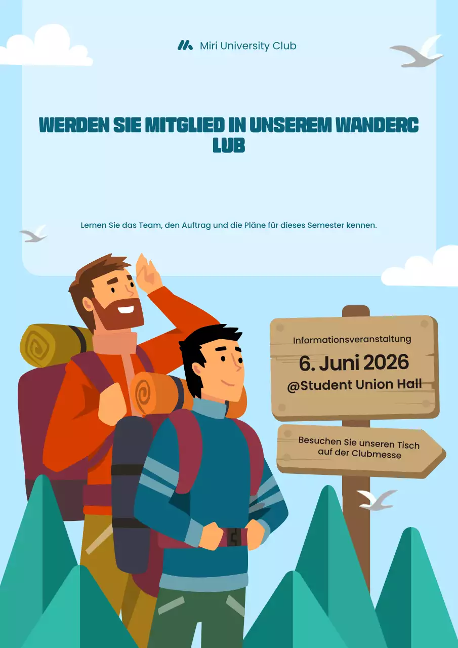 Blaues, kräftiges, illustratives Rekrutierungsplakat für Wanderclubs