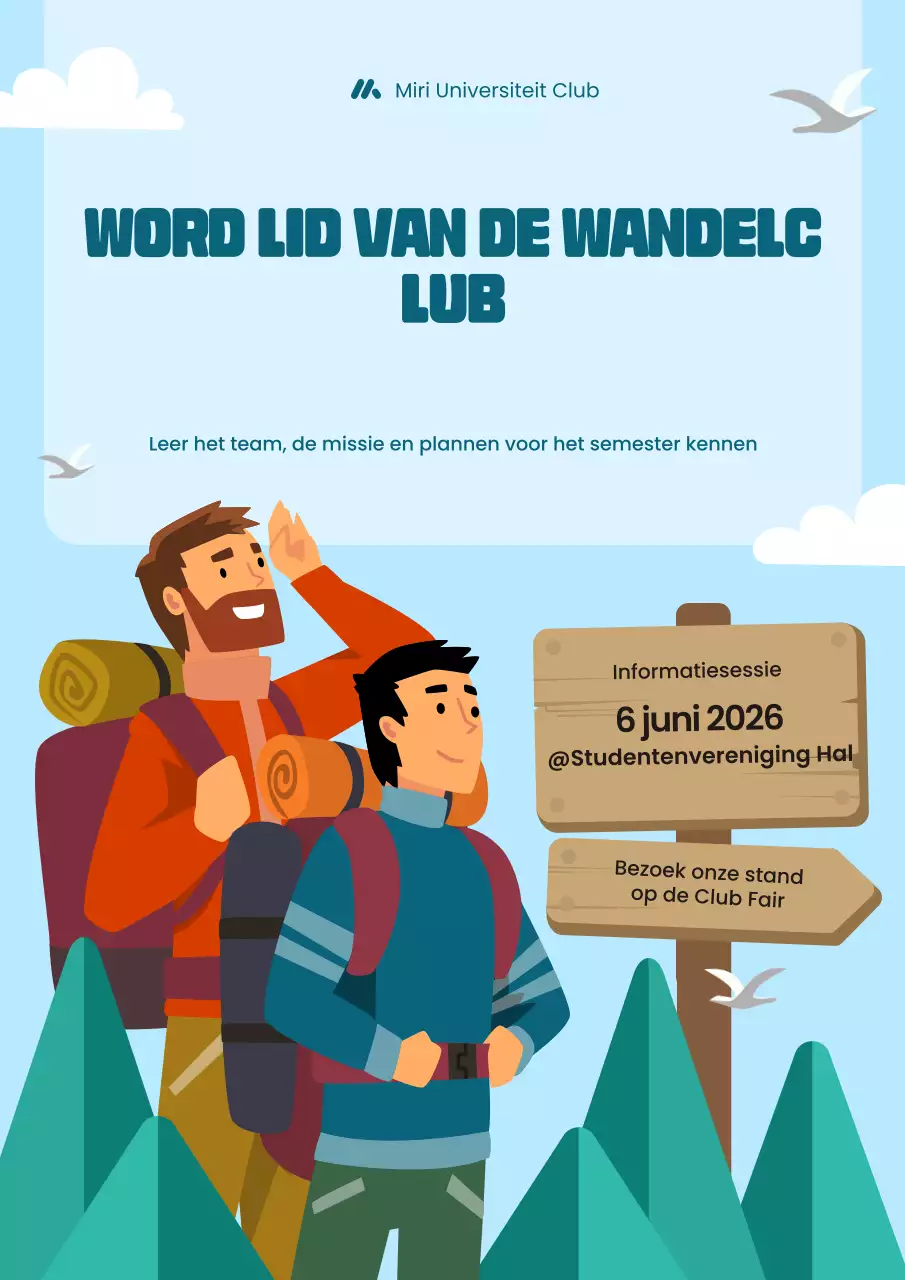 Blauwe, opvallende illustratieve poster voor de werving van de wandelclub