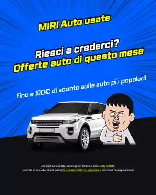 Pubblicità di un'auto usata in stile pop art blu e giallo a prezzo speciale per un evento