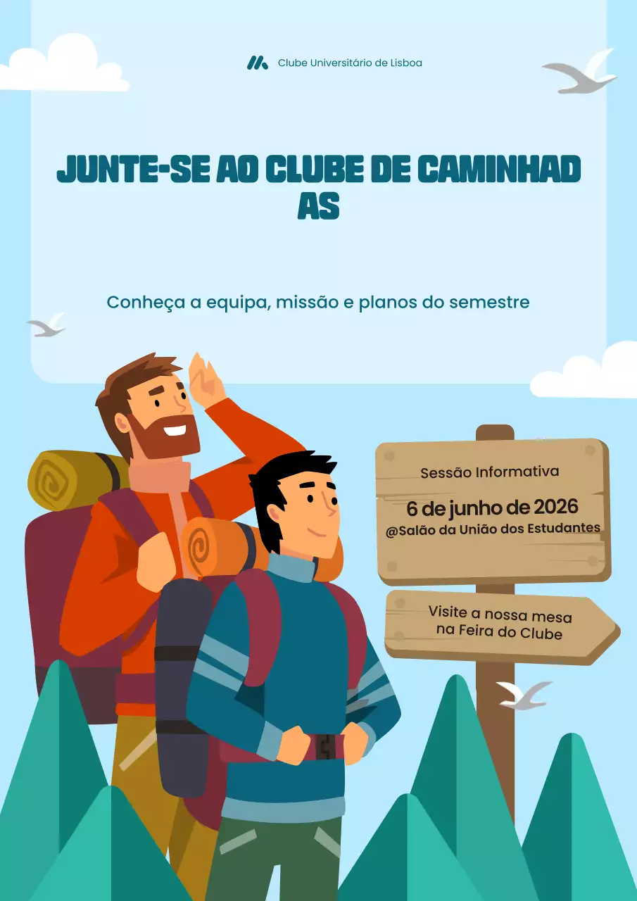 Cartaz ilustrativo em negrito azul para recrutamento de clube de caminhada