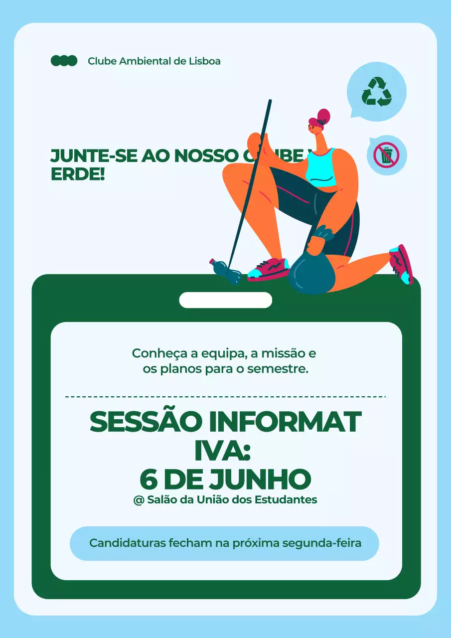 Cartaz ilustrativo de recrutamento de clube em azul e verde