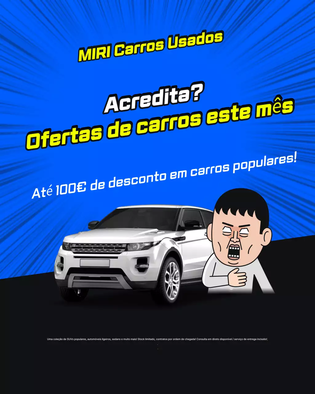 Anúncio de evento de veículo com preço especial de carro usado em pop art azul e amarelo