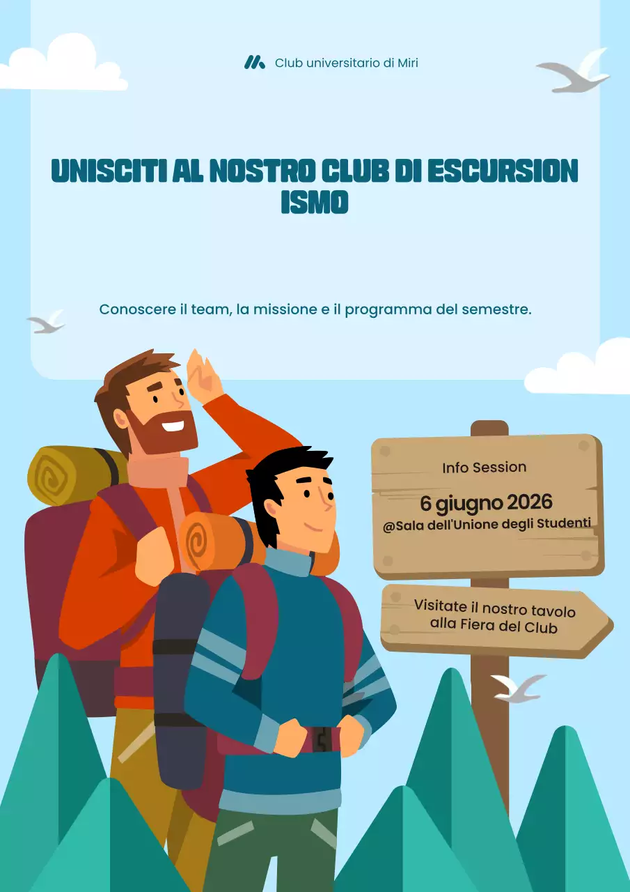 Manifesto illustrativo di reclutamento del club di escursionismo blu in grassetto