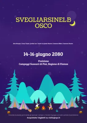 Manifesto illustrativo del festival del campeggio in grassetto blu