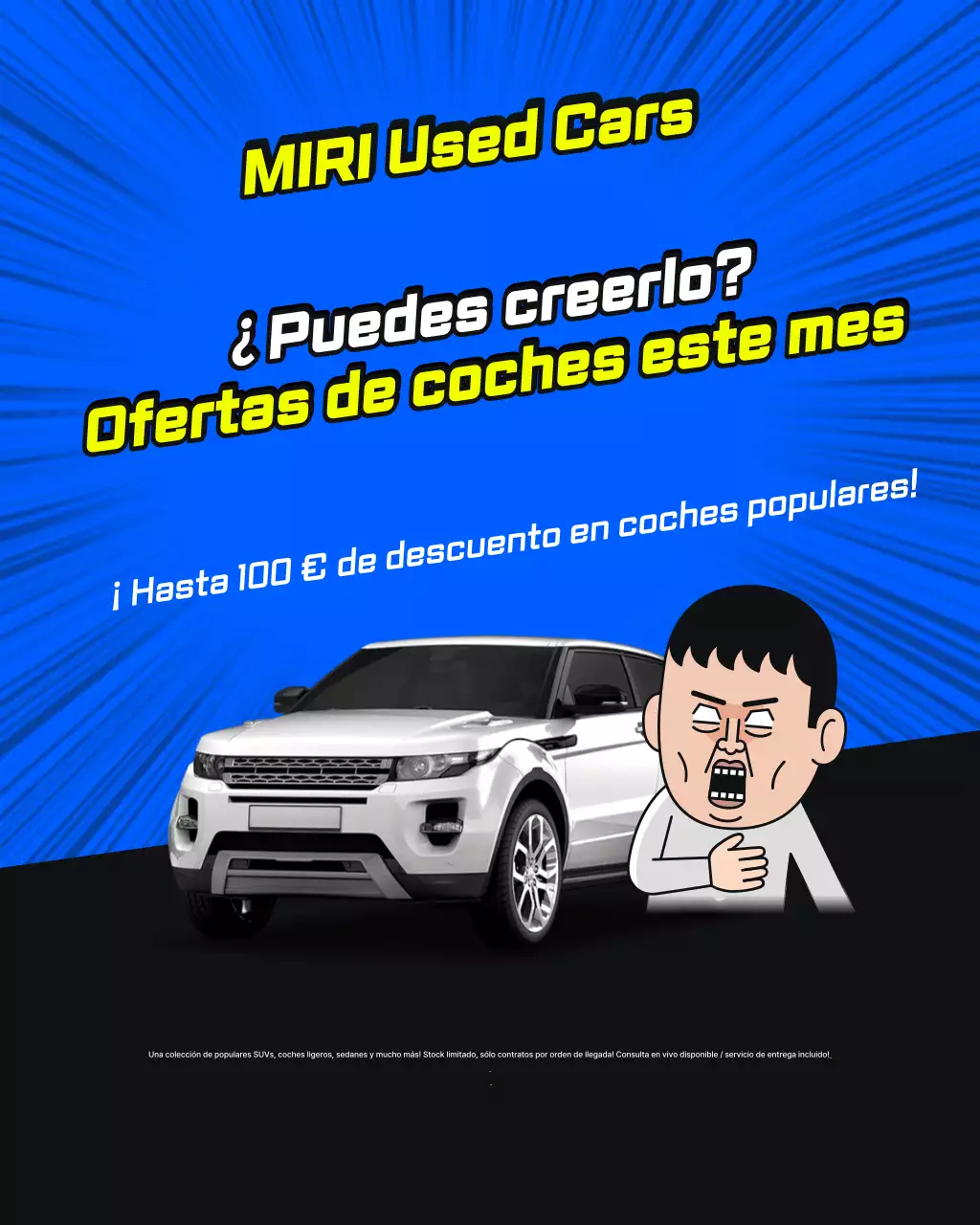 Anuncio de evento con precio especial de autos usados ​​de estilo pop art en azul y amarillo.