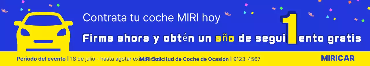 Anuncio de evento gratuito de 1 año de cuidado posterior de autos usados ​​simples de color azul y amarillo