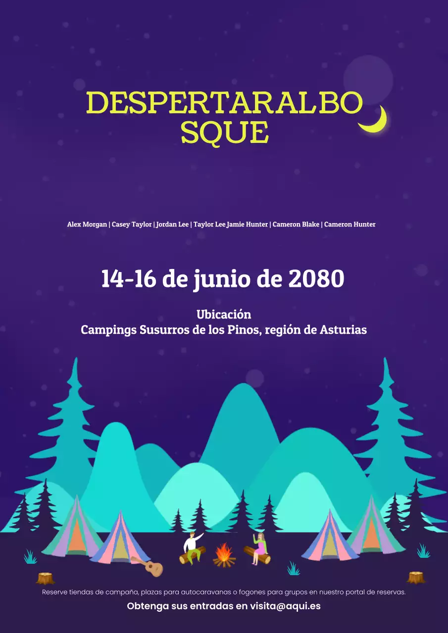 Cartel ilustrativo azul llamativo del festival de acampada