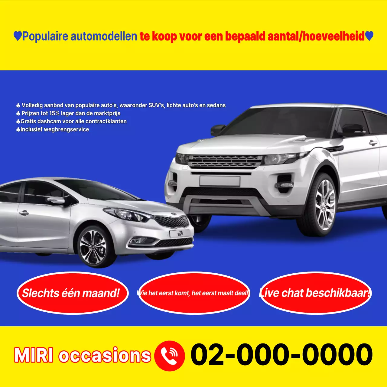 Gele contrasterende advertentie voor gebruikte auto's