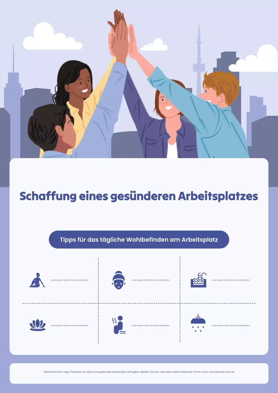 Blaues, kräftiges, illustratives Poster zum Arbeitsplatz-Wellnessprogramm