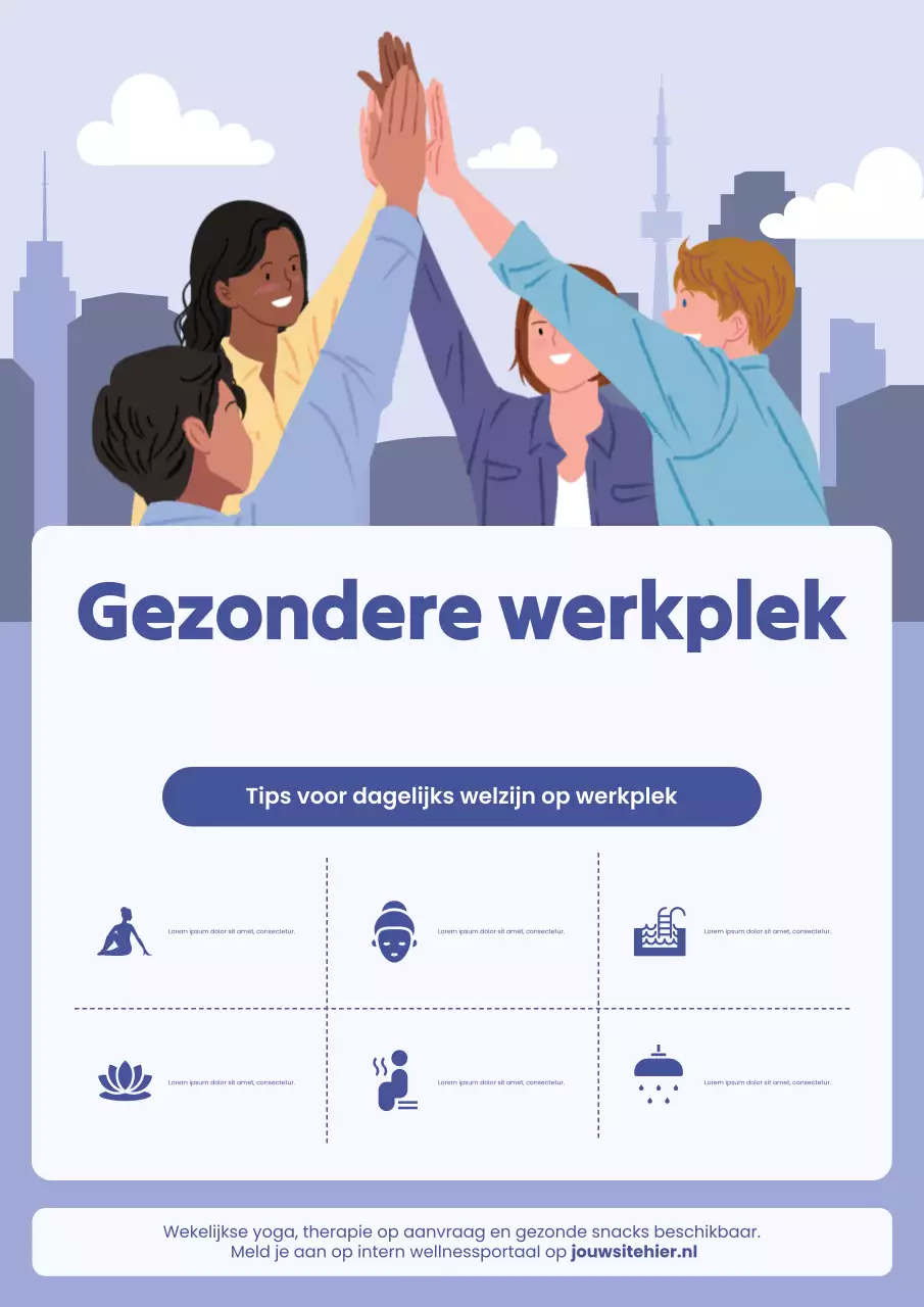 Blauwe, opvallende illustratieve poster van het programma voor welzijn op de werkplek