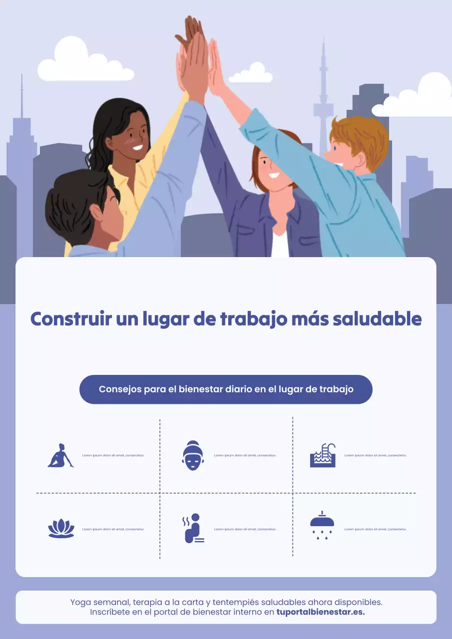 Póster ilustrativo azul y llamativo del programa de bienestar en el lugar de trabajo