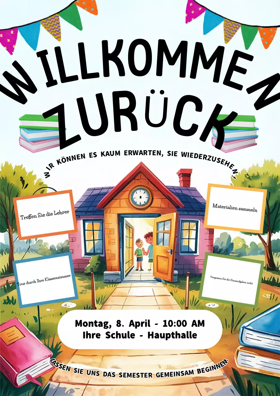 Farbenfrohe, spielerische Ankündigung einer Schulveranstaltung