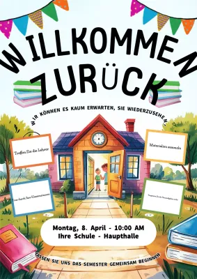 Farbenfrohe, spielerische Ankündigung einer Schulveranstaltung