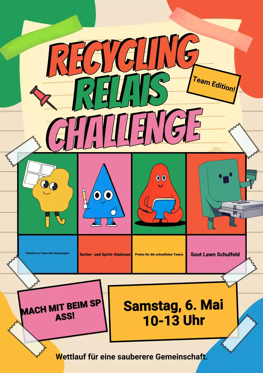 Ankündigung einer farbenfrohen, verspielten Recycling-Veranstaltung