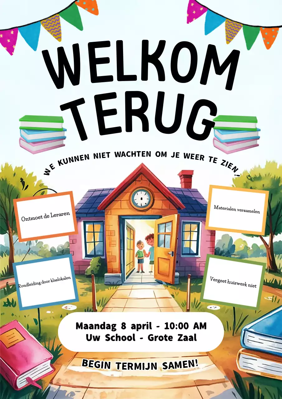 Aankondiging van een kleurrijk en speels schoolevenement
