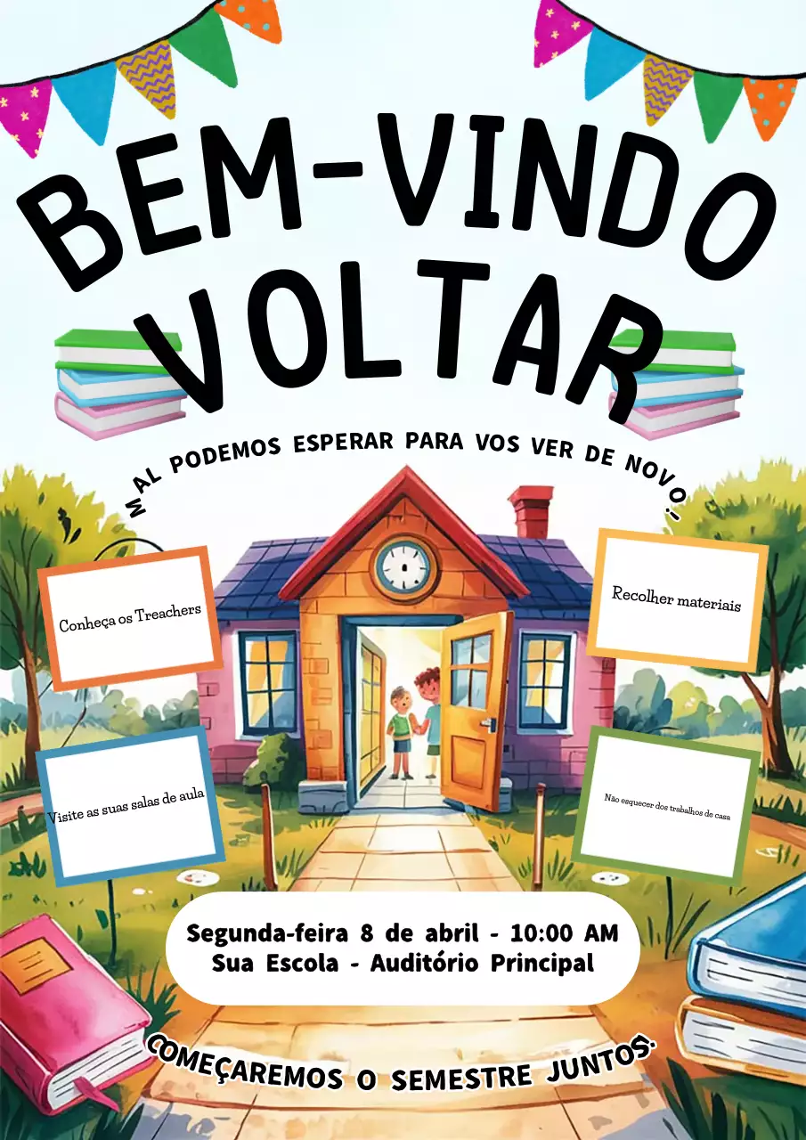 Anúncio de evento escolar colorido e lúdico