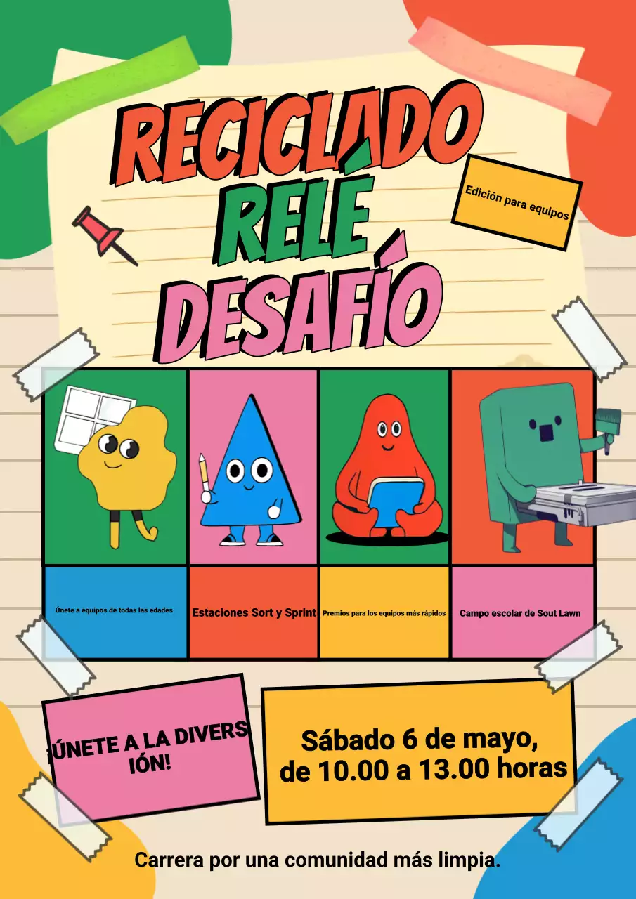 Anuncio de un evento de reciclaje colorido y lúdico
