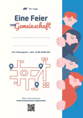 Blaues Poster zur Ankündigung moderner Gemeinschaftsveranstaltungen