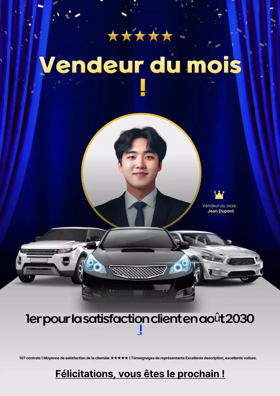 Présentation de la voiture du mois avec des touches de bleu et de jaune