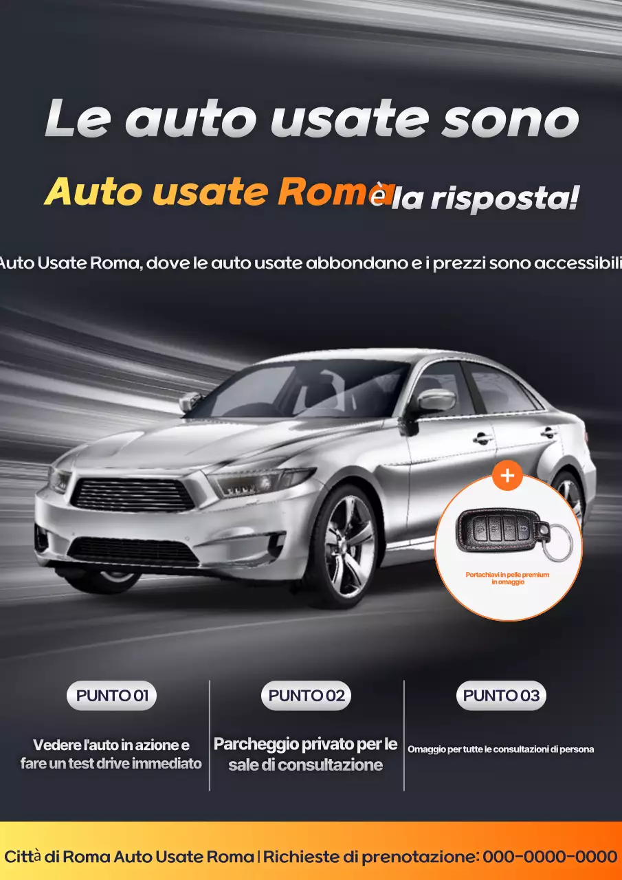 Promozione di un evento di auto usate di lusso in grigio e arancione
