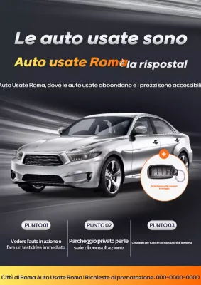Promozione di un evento di auto usate di lusso in grigio e arancione