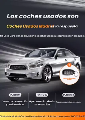 Promoción de evento de autos usados de lujo en gris y naranja