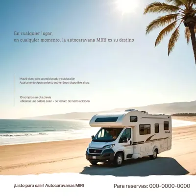 Anuncio de furgoneta camper moderna de color azul cielo