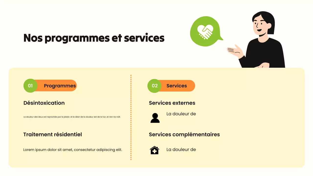 Présentation illustrative en gras, vert et orange, sur la toxicomanie