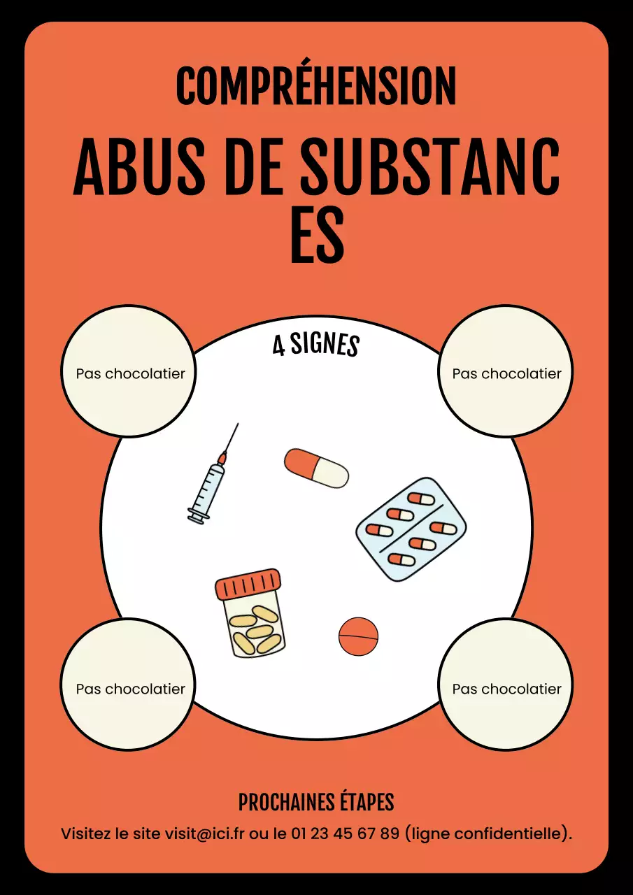 Affiche d'information illustrative orange et orange en gras sur la toxicomanie