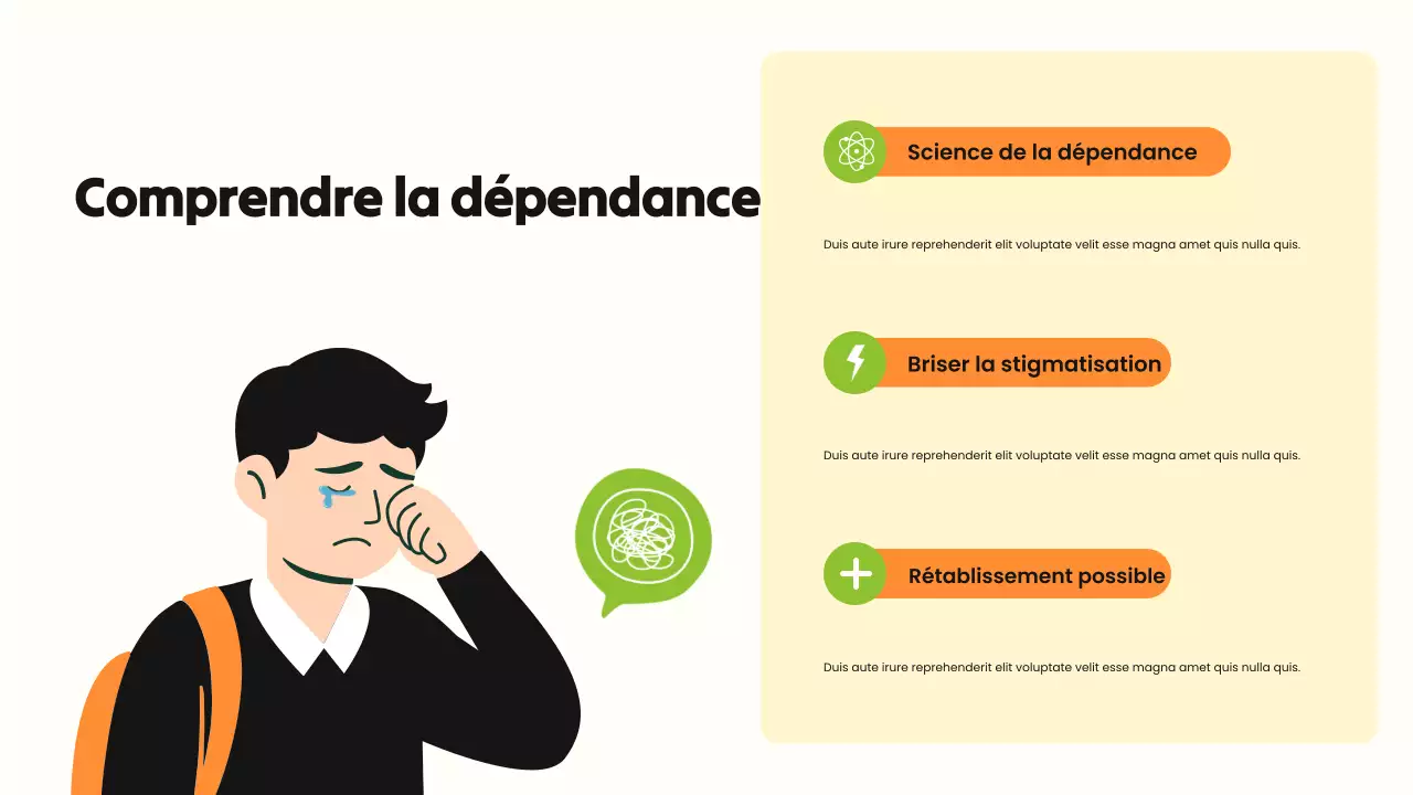 Présentation illustrative en gras, vert et orange, sur la toxicomanie