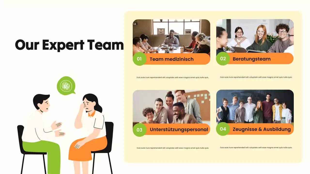 Grüne und orangefarbene, fettgedruckte, illustrative Präsentation zum Thema Drogenmissbrauch