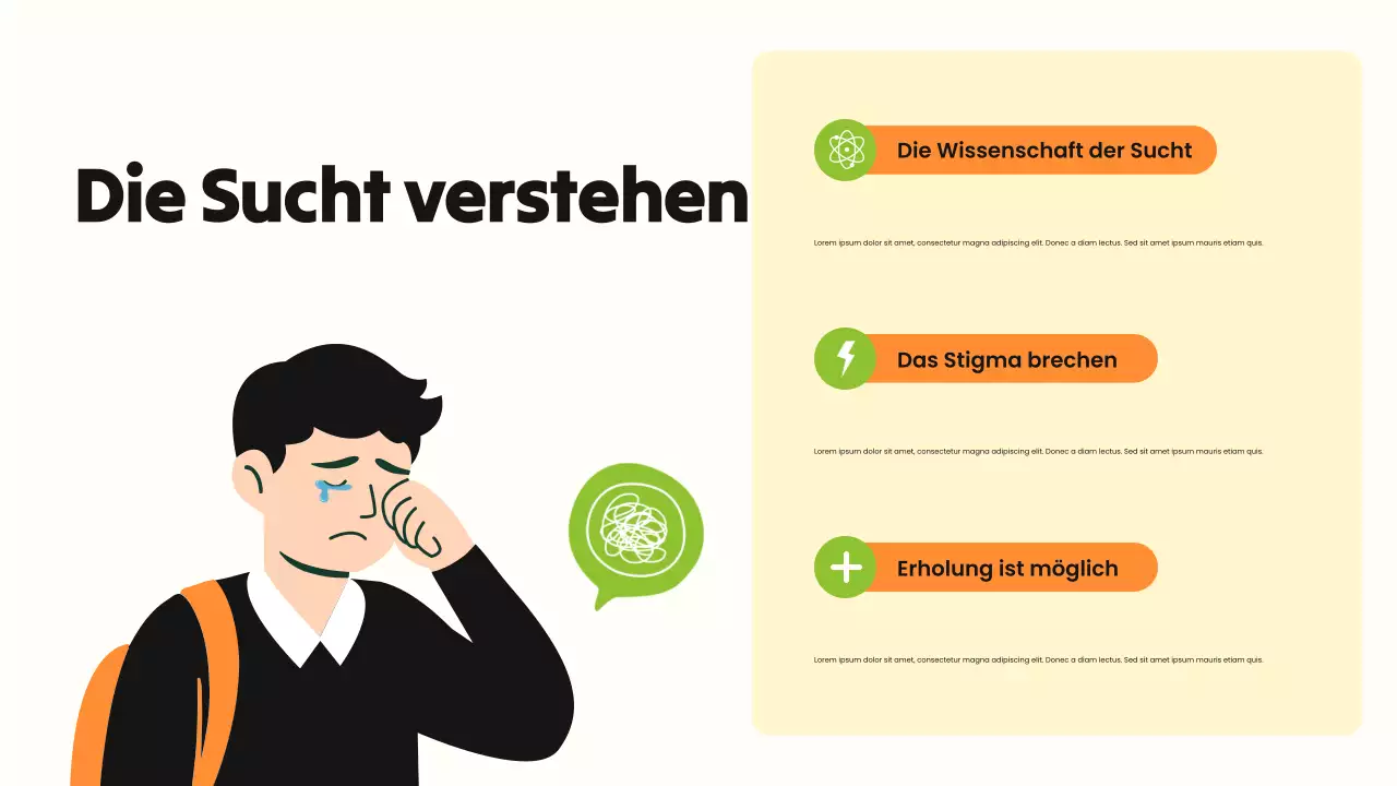 Grüne und orangefarbene, fettgedruckte, illustrative Präsentation zum Thema Drogenmissbrauch