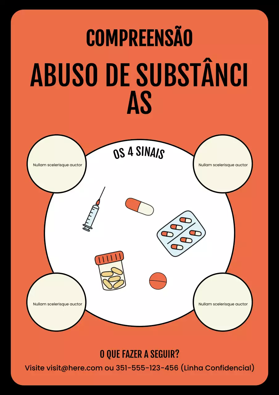 Cartaz informativo ilustrativo sobre abuso de substâncias em laranja e laranja em negrito