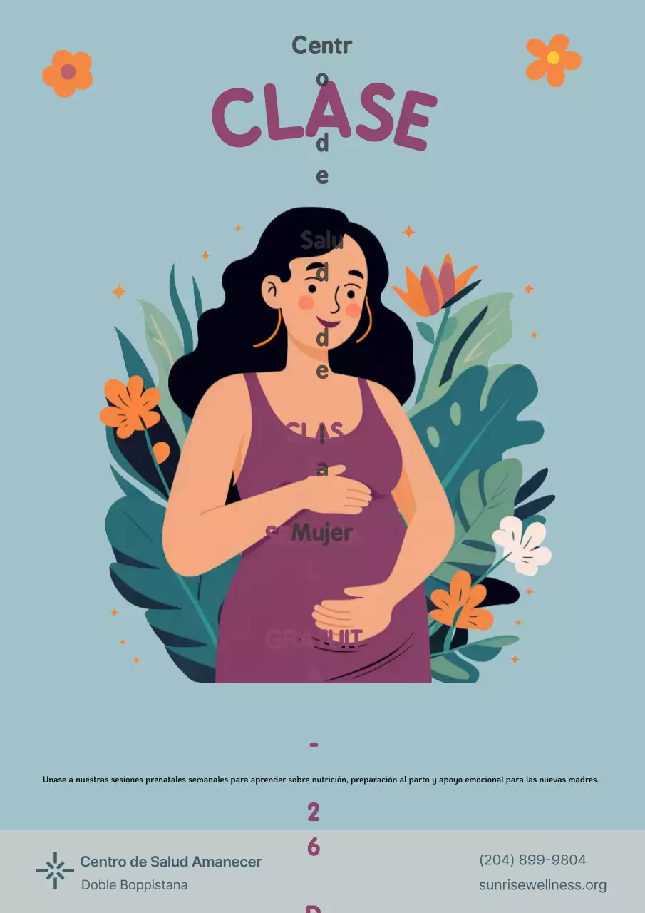 Invitación a clase prenatal con motivos florales morados para hospital médico