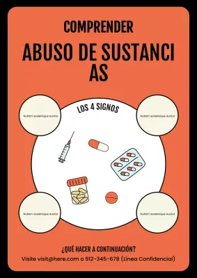 Póster ilustrativo naranja y naranja llamativo sobre abuso de sustancias