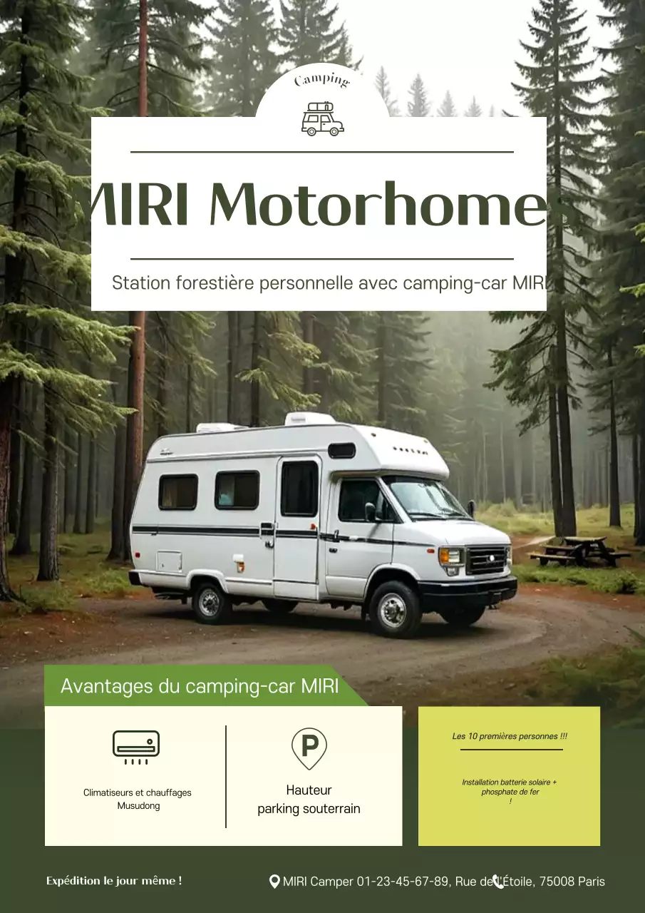 Publicité pour un camping-car simple kaki