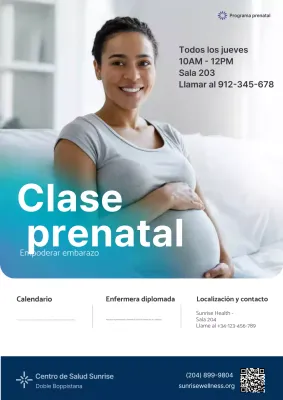 Anuncio de la clase prenatal moderna en color verde azulado del Hospital Médico