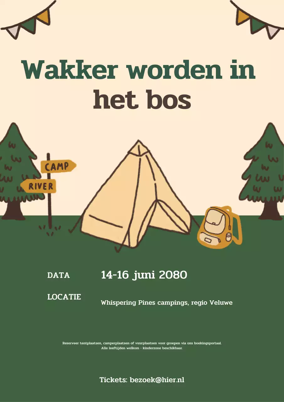 Poster voor een groen, rustiek kampeerevenement